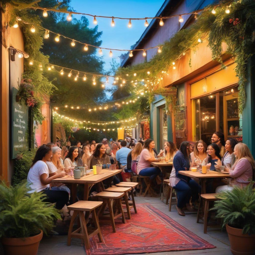 A warm, inviting community gathering scene with diverse individuals laughing, sharing ideas, and connecting over coffee in a beautifully decorated outdoor space. Lush greenery surrounds them, with colorful banners and fairy lights overhead that create a magical atmosphere. Subtle details like a welcoming sign and a bulletin board filled with community events enhance the essence of togetherness. super-realistic. vibrant colors. soft focus.