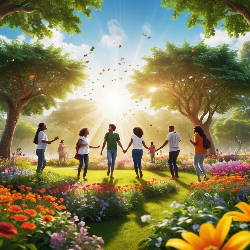 A mesmerizing scene of a diverse group of people interacting joyfully in a vibrant park, surrounded by floating icons representing digital community engagement. Lush greenery and colorful flowers symbolize growth and connection among users. Bright sun rays shining down create a warm and inviting atmosphere. super-realistic. vibrant colors. white background.