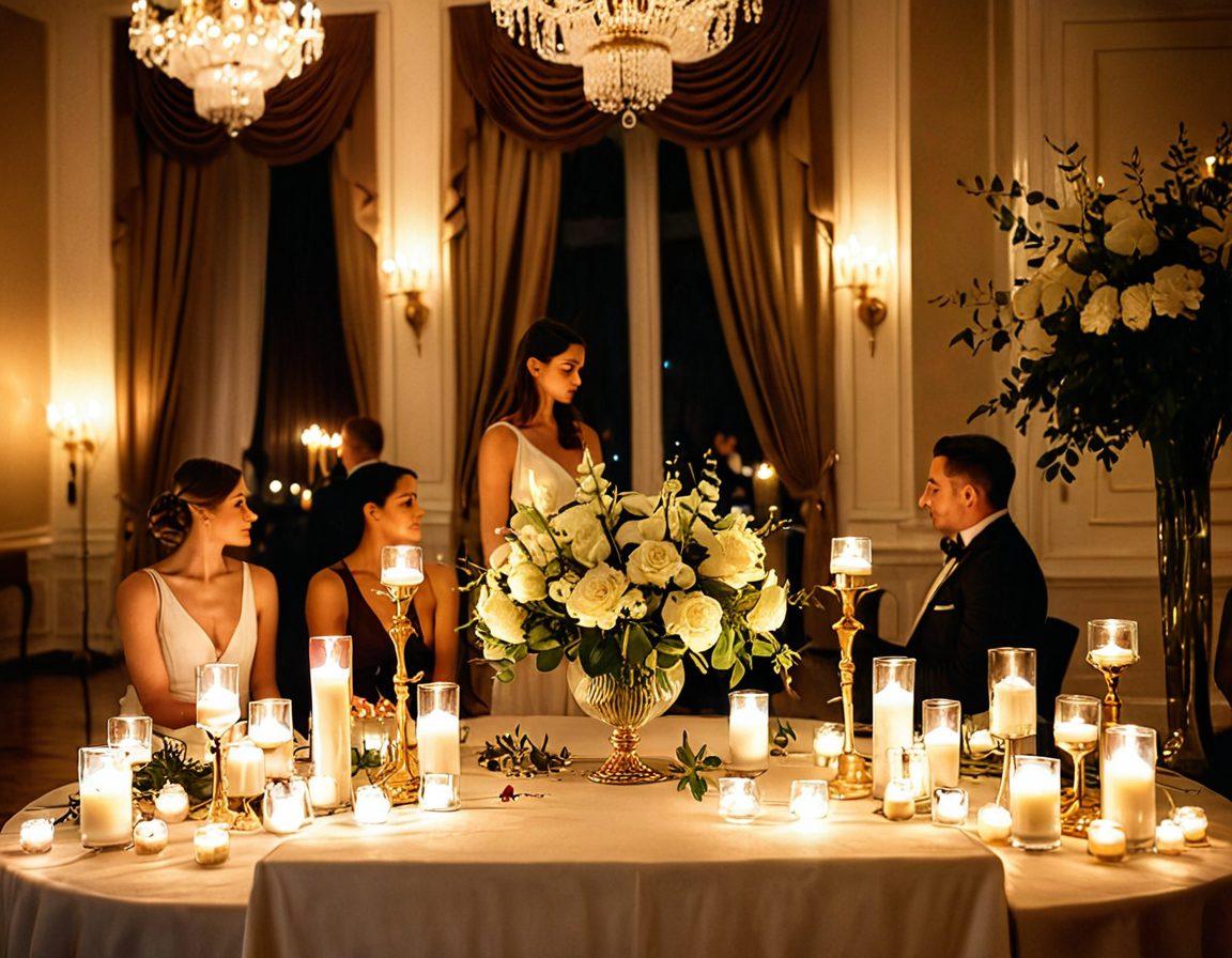 A stylish and sophisticated gathering of diverse individuals showcasing elegance in their attire, surrounded by artful decorations and soft, ambient lighting. The scene embodies a harmonious balance of beauty and strategic allure, with elements like flowing fabrics, graceful poses, and an inviting atmosphere. Include sophisticated decor items like vases and candles to enhance the setting. elegant photography. warm tones. soft focus.